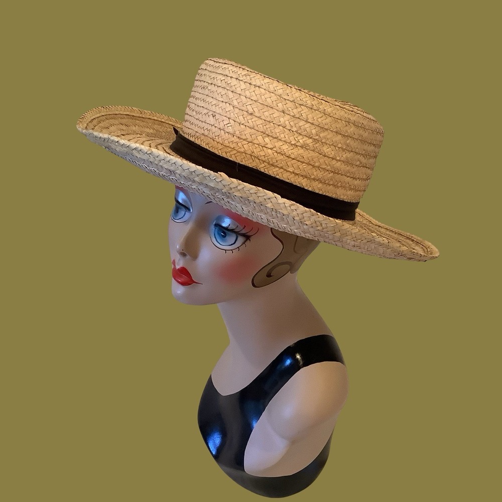 Unisex Vintage Straw Hat Plantation Hat Boater Skimmer Hat Sz 7 3/8 Lg